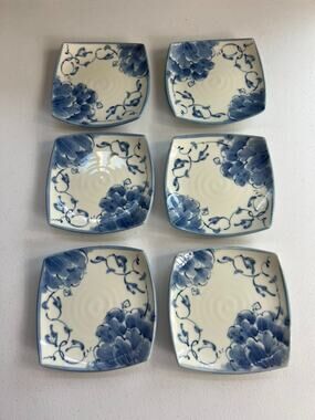 Asian Dessert Plate Set of 6 5.5" Square Blue Floral Pottery Ceramics